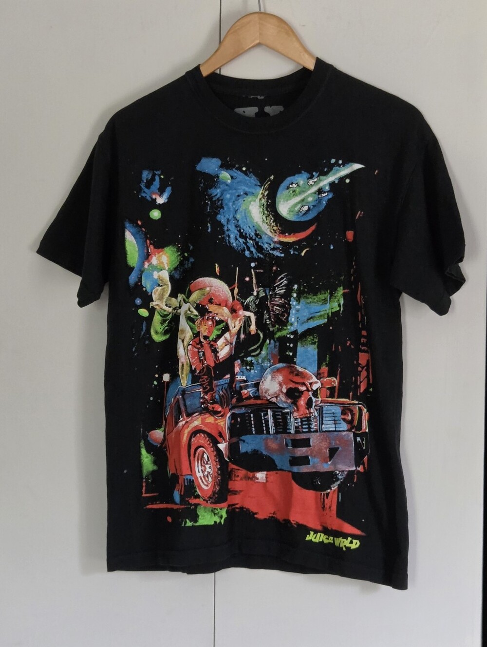 Juice World Black Graphic Tee with Neon Space Car Print